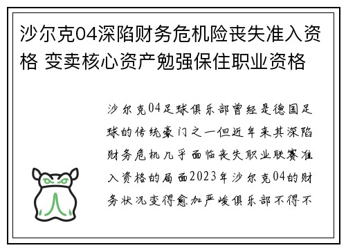 沙尔克04深陷财务危机险丧失准入资格 变卖核心资产勉强保住职业资格 沙尔克04深陷财务危机险丧失准入资格 变卖核心资产勉强保住职业资格