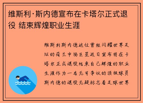 维斯利·斯内德宣布在卡塔尔正式退役 结束辉煌职业生涯 维斯利·斯内德宣布在卡塔尔正式退役 结束辉煌职业生涯